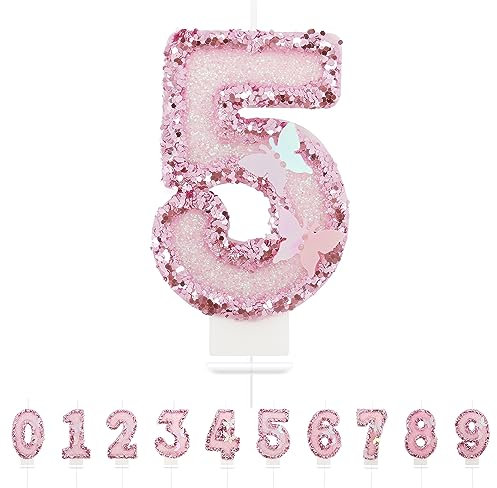 Geburtstagskerzen Zahlen 5,3D Schmetterling Geburtstagskerzen,Rosa Kerzen Geburtstag Zahl 5, Kuchen Topper Dekoration Kuchendeko Geburtstag, Geburtstagskerzen für Geburtstagsdeko