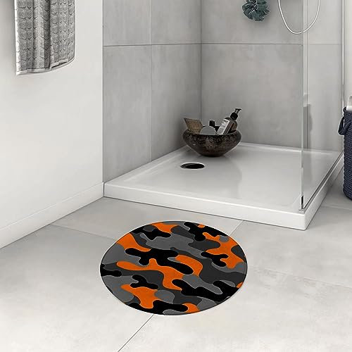 DHAEY Badezimmerteppich rutschfest Camoue-Grau-Orange-Camouflage-Muster Waschbar Teppich rund Weich Flauschig Badteppich Weich Kurzflor Mikrofaser Badvorleger 60 cm