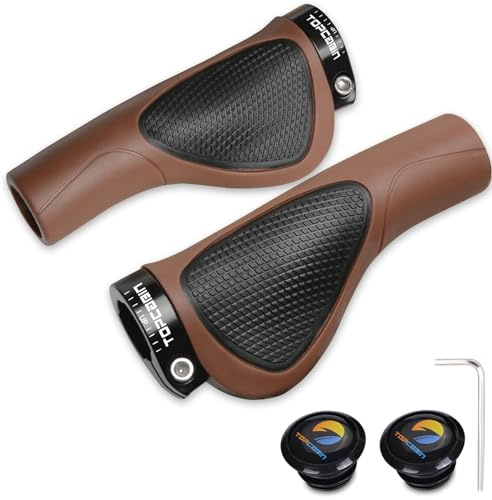 TOPCABIN Bicycles Handlebar Grips, Aluminum Lock-on Ergonomic Bike Grips, Cushion Vibrations Comfort Bike Handlebar Grips, Mountain MTB BMX Bicycles Grips for Scooter (Ergonomic PU-Brown&Black)