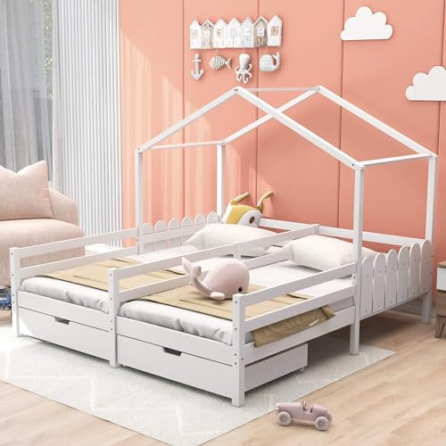 HYUB Cama infantil, cama de 90 x 200 cm con protección anticaída y dosel decorativo, cama doble con 2 cajones y somier de láminas de pino, para niñas y niños, marco de cama de madera de pino estable,
