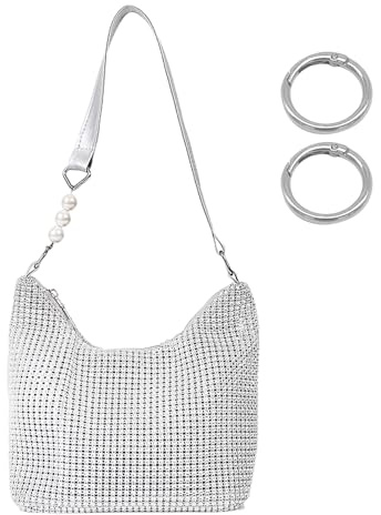 ZBHDEYG Sac en Strass Argenté avec 2 Anneaux Ouverts - Porte-Monnaie en Cristal, Petit Sac Carré Scintillant à Bandoulière pour Femme - Chaîne Tendance