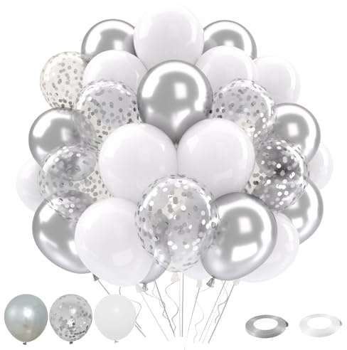Patimate White and Silver Balloons Set 50 pcs 12 inch