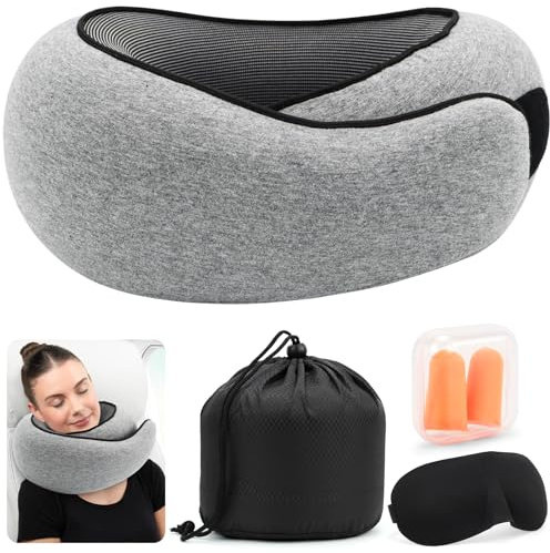 SidMing Nackenkissen Flugzeug Reisekissen Memory Foam, Verstellbares Nackenhörnchen Geeignet für Reisen mit Flugzeug, Büro Und Bahn, mit Ohrstöpseln, Augenmaske und Aufbewahrungstasche (Grau)