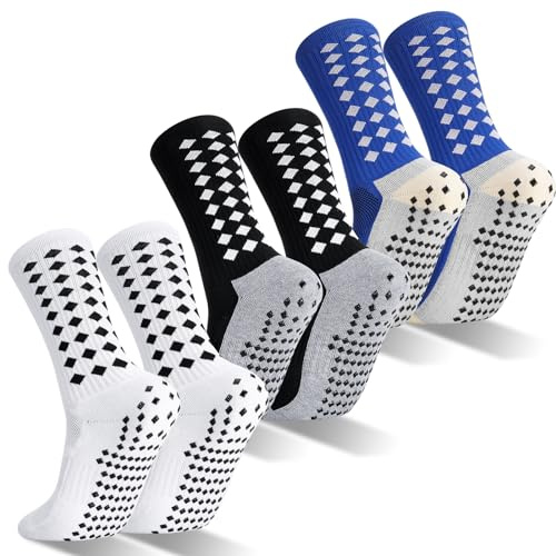 3 Pairs Football Grip Socks for Men, Anti-slip Sports Socks Breathable Soccer Socks Football Sock with Rubber Pads for Football Basketball Yoga Running Hiking, white, blue, black