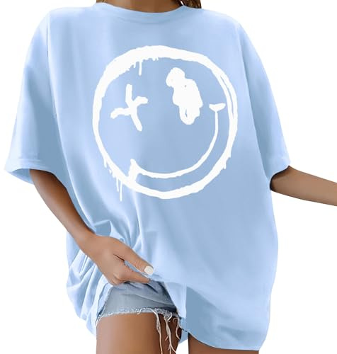 Yuson Girl T Shirt Donna Girocollo Maglietta Manica Corta Oversize T-Shirt Estive Magliette con Spalle Larghe Casual Stampa Maglia Basic Allentata Tee Shirt Top in 100% Cotone(Azzurro, XL)