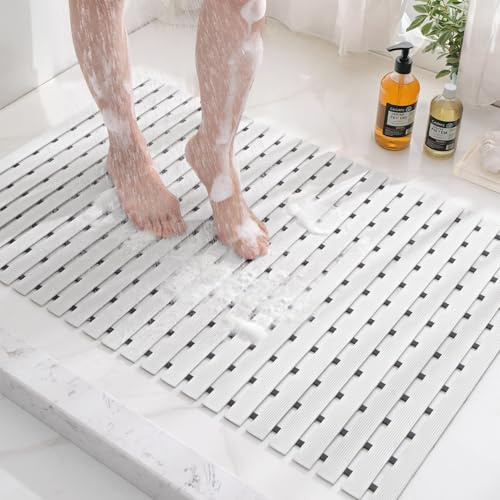 DEXI Duschmatte rutschfest 43 x 67 cm, Antirutschmatte Badewannenmatte mit Abflusslöchern, Leicht Trocknend, Waschbar Duschmatten für Badewanne, Weiß