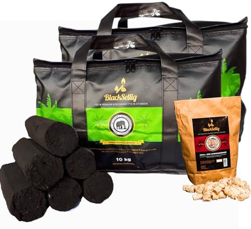 BlackSellig Briquetas de barbacoa de coco de playa XXL, carbón puro de coco para barbacoa, respetuoso con el medio ambiente, sin humo, tiempo de combustión extralargo, barras de cocos de playa (20 kg
