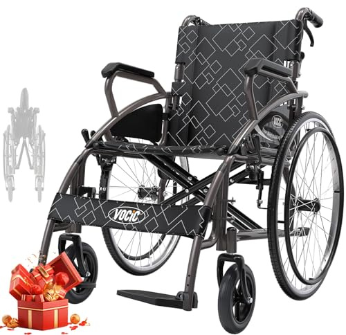 VOCIC Lightweight Folding Wheelchair, Double Brakes,Max 150KG, Self Propelled Transport Wheelchairs for Disabled, Stable and Robust, 60cm Rear Tire for All Terrains, 5 Year Support
