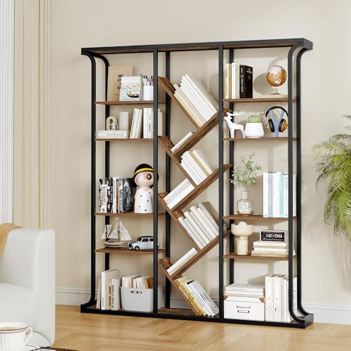 Hzuaneri Libreria, 3 Colonne e 6 Ripiani a Forma di Albero,17 Scomparti, Scaffale Indipendente Aperto, Adatto per Ufficio, Camera da Letto, Soggiorno,24 x 156 x 180cm, Marrone Vintage e Nero, BC53201B