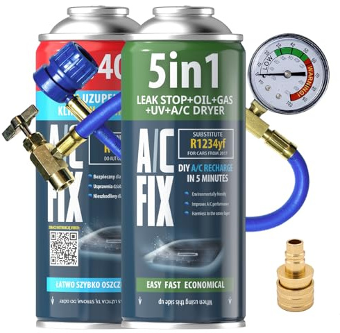 AC FIX 5-i-1 – R1234yf + 2 i 1 + slang + adapter Köldmedium för bilens luftkonditionering med olja, tätningsmedel, UV-färgämne, torkmedel – Snabb applicering – Skyddar kompressorn