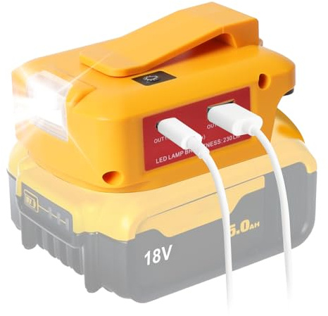 QUPERR USB Akku Adapter für Dewalt 18V Akku, LED Arbeitslicht Konverter mit Dual-USB-Ladeanschlüssen & DC-Port, Kabellose Taschenlampe (Nur Adapter)