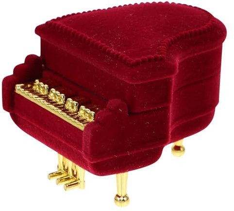 Housoutil Caja Joyero para Anillos de Boda y Compromiso en Forma de Piano Estuche Compacto de Terciopelo Rojo Vino para Guardar Anillos Collares y Pendientes Diseño Portátil y Seguro