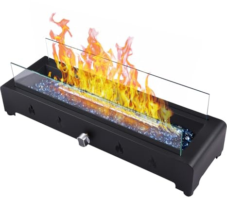 Aumotop Caminetto Portatile a Gas da Tavolo con Rocce Decorative in Vetro per Eleganza e Stile, Adatto per Uso Interno Ed Esterno, Resistente Struttura in Ferro e Vetro.