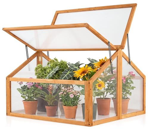 Giantex Wood Cold Frame Greenhouse, Portable Raised Flower Planter Protection with Transparent Openable Roof, Small Indoor Outdoor Hot House for Garden Sunroom Balcony, 36”x33”x23”