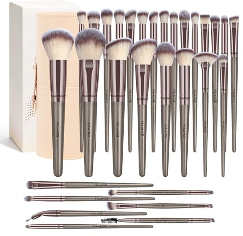 MAANGE 30 Pcs Professional Makeup Brush Set with Travel Case – Kabuki, Foundation, Powder, Blush,Blending& Eyeshadow Brushes, Labeled for Gift-Ready Box,Champagne