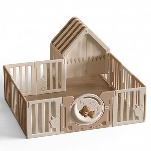 Parque Infantil de Plástico 150x180 cm con Casita y Valla Modular, Área de Juegos para Bebés con Paneles Plegables, Interior y Exterior, Color Beige, Parque Infantil 1+