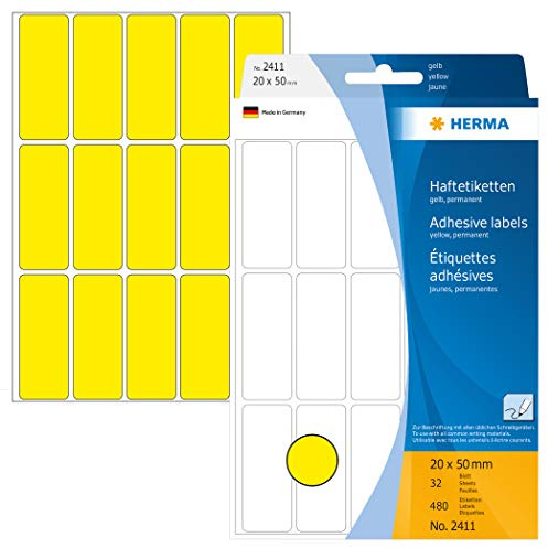 HERMA 2411 Vielzweck-Etiketten, 480 Stück, 20 x 50 mm, 15 pro Bogen, selbstklebend, Haushaltsetiketten zum Beschriften, matt, blanko Papier Klebeetiketten Aufkleber, gelb