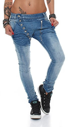 Fashion4Young 5857 MOZZAAR Damen Jeans Hose Röhrenjeans Haremshose Röhre Damenjeans Hüftjeans (XL=42, Dunkelblau)
