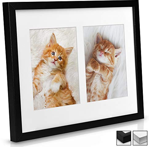 bomoe Bilderrahmen Galeria für 2 Fotos 9x13 cm - Fotorahmen aus Holz, Kunststoffglas, Metall-Aufhängung, Aufsteller & Passepartout Multirahmen für Bilder Collagen - Schwarz