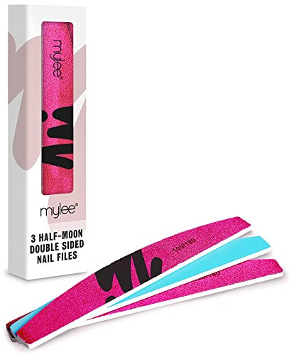 Mylee 3 Pack Double Sided Half Moon Nail File 100/180 Grit - Salon Quality Nails, Professional Manicure Tool - Use on Natural Nails or Extensions