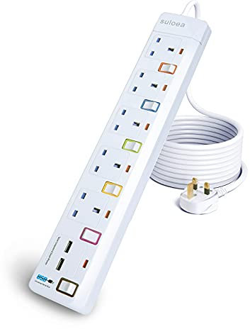 3M Extension Lead with USB Slots,13A 5 Way Socket Extensions with Individual Switches,2 USB (2.4A) Plug Extension Mountable Surge Protection Extension Cord for Home Office
