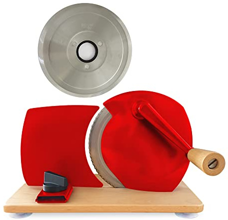 Jupiter Küchenmaschine manueller Allesschneider mit Kurbel und Holzplatte rot + glattes Messer