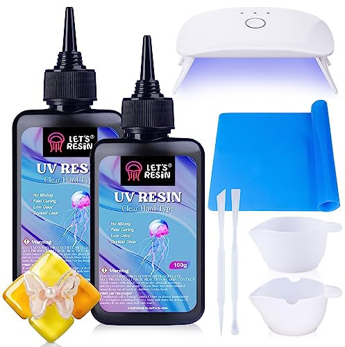 LET'S RESIN UV Resin Set mit UV Lampe, Verbessertes 200g Kristallklares UV Kleber mit Lampe Set, UV Harz Set für Schmuck, Basteldekoration