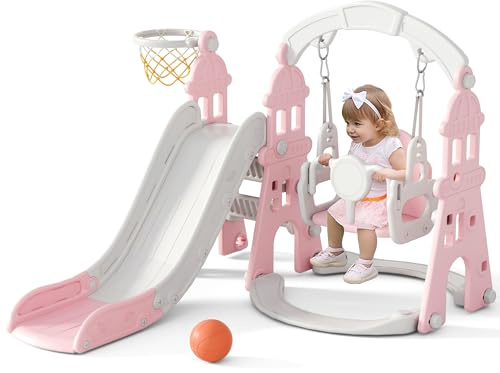 XJD 4-in-1 Toddler Slide and Swing Set, Kids Slide for Toddlers Age 1+, Toddler Outdoor Playset with Basketball Hoop, Swing, Outdoor Indoor Playground for Toddlers 1-3 (Pink)