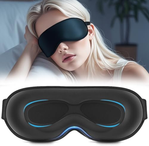 100% Blackout Sleep Mask for Women Men, Zero Eye Pressure Eye Mask, Sleeping Mask for Side Sleepers, Lycra Fabric 3D Contoured Cup Blindfold with Adjustable Strap for Home/Work, 3D Black
