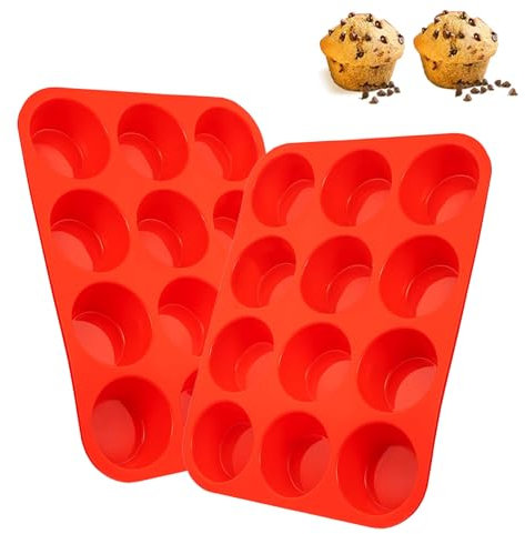 HTTYHT 2 Pezzi Stampi Muffin Silicone con 12 Stampi Muffin Teglia da Muffin con Rivestimento Antiaderente Muffin Stampo Teglia da Forno per Muffin Cupcakes Torte Brownies Budino-Rosso