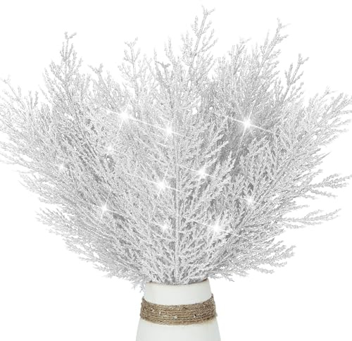 12 Pcs Christmas Glitter Leaves, 35 CM Tree Picks Artificial Twigs Branches Glitter Fern Leaf for DIY Xmas Tree Wreath Wedding Garland Decorations (Silver)