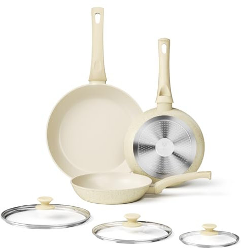 Innerwell 3-teiligs Antihaft Pfannenset mit Deckel 20+24+28 cm, Induktion Pfanne Keramik Antihaftbeschichtung, Granit Pfannen, PFOA-frei, PTFE-frei, PFAS-frei, Backofenfest, Spülmaschinenfest, Beige