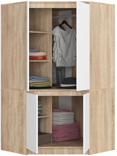 BDW - Armadio Angolare per Camera da Letto - Grande e Largo 100 cm, Alto 180 cm - Con Asta e Ripiani - Rovere Sonoma, Bianco