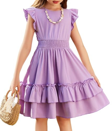 Arshiner Niñas Vestido Mangas Voladoras Verano Niños Algodón Vestido Ocio A-Line Elegante Swing Vestidos de Fiesta para Niñas 11-12 Años Morado