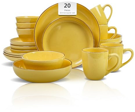 HomeVSS 20-Piece Dinnerware Set - Serves 4, Bright Glaze Yellow plates and bowls sets with Speckle Effect for Microwave & Dishwasher Safe