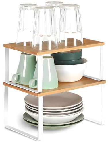 Avilia Uppsättning av 2 Bambu- och metallhyllor 19,5 x 29,5 x 15,8 cm och 18,5 x 29,7 x 13,7 cm - Platsbesparande hylla för användning av små utrymmen - perfekt för kök, badrum och vardagsrum - Kit