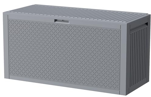 ZYJOYY Outdoor Storage Box, 90 Gallon Deck Box, Waterproof Resin Storage Box for Patio Cushions, Gardening Tools, Lockable, UV Resistant, Grey