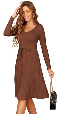 Zeagoo Abito a Maglia Donna Invernale in Maglia a Manica Lunga Vestito Sexy Scollo a V Abiti Casual Linea A Vita Alta Vestiti con Cintura Brun S