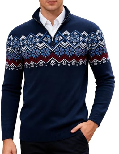 Rave on Friday Men's 1/4 Zip Jumpers Half Zip Fairisle Sweater Winter Warm Slim Fit Norwegian Jumper Long Sleeve Retro Knitted Nordic Pullover Navy Blue XXL