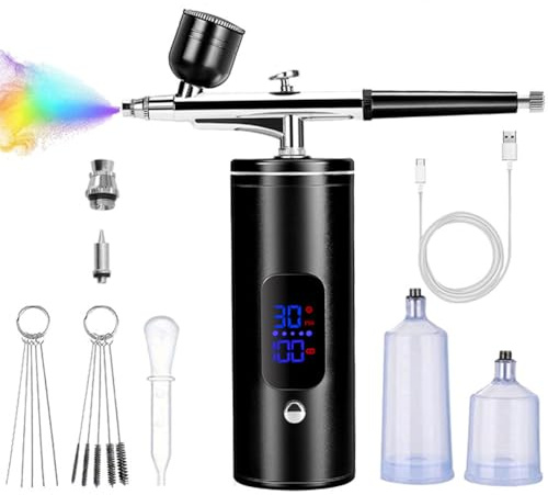 Airbrush Kit with Compressor, Portable Rechargeable Cordless High-Pressure Air Brush Set with 0.35mm Nozzle,Power Display and Cleaning Brush, for Painting, Nail Art, Makeup, Cake Decor