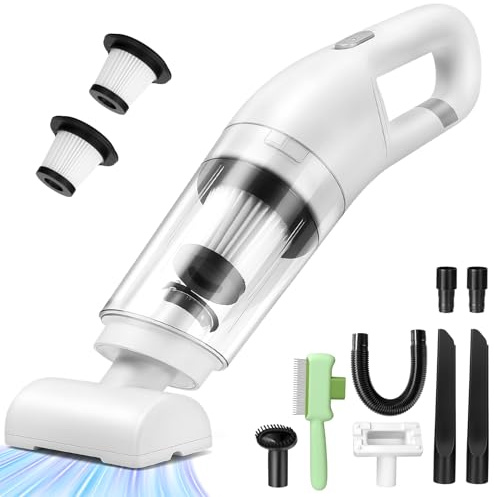 Handstaubsauger Akku Kabellos, 25000pa Auto Staubsauger Stark mit Bürstenloser Motor, 4-in-1Mini Staubsauger mit Autozubehör, Nass & Trocken mit Waschbar Filter für Tierhaare, Büro, Haus (Weiß)