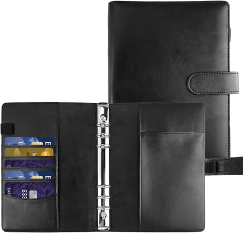 Ringbok A5 påfyllningsbar, 23 x 17 cm 6 hål lösa bladspärm, innerpapper ingår inte, svart PU-läder ringpärm, A5, budgetplanerare med magnetiskt spänne för kontor hem skola