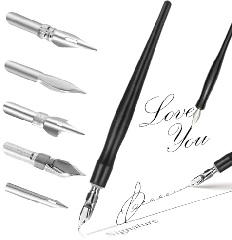 YUVKIN Set de porte-stylo de calligraphie, 6 pièces, Stylo trempé, Avec plume pour bande dessinée, en acier inoxydable, Encre de chine, Écriture, cartes de vœux, dessin