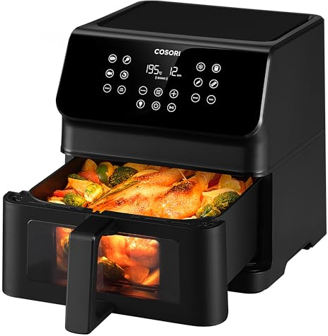 Cosori Clear Window Air Fryer, 6.2L Compact Airfryer, 55dB Quiet Operation, 11 Preset Functions, Energy-Saving Fast Cooking, Nonstick & Dishwasher-Safe, Black