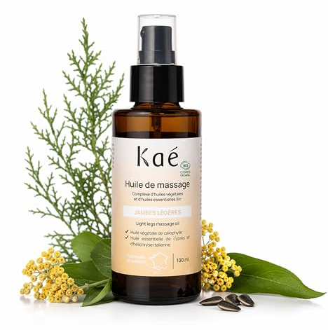 KAÉ Huile de Massage Jambes Légères Certifiée COSMOS ORGANIC 88,5% Bio - Huile Circulation Jambes Lourdes à l’Hélichryse & Cyprès - Soin Drainant Naturel Corps 100% Origine Naturelle