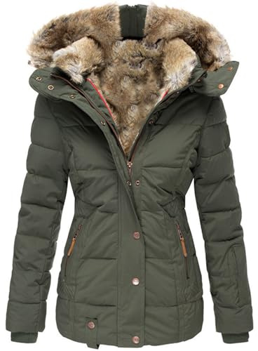 SUIUOI Cappotto invernale da donna – Giacca trapuntata calda con cappuccio in pelliccia sintetica, cappotto lungo sciancrato con cerniera, giacca invernale da donna per tutti i giorni, attività