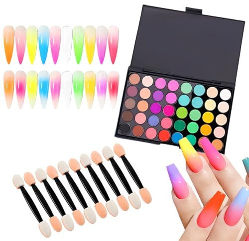 YUZNA 40 Colores Polvo de Uñas Pigmento para Uñas, Polvo de Brillo Ombre para Decoración de Uñas, Arte de Uñas DIY, Incluye 10 Pinceles de Esponja