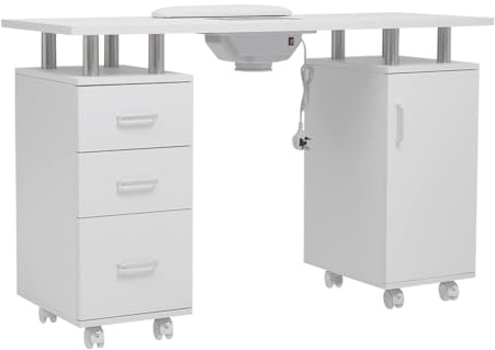 Warmiehomy Professional Manicure Table Salon Nail Station Built In Dust Collector Vacuum Fan Cushion Table Beauty Nail Manicure Desk 8 Castor Wheels 3 Pull Out Drawers 1 Cupboard 120*45*76cm(White)