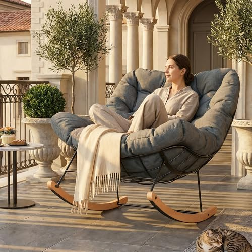 FLEXISPOT Rocking Chair Indoor Outdoor, Oversized Papasan Chair with Thick Cushion, Reclining Lounge Armchair, Metal Frame & Wooden Base, Accent Rocker for Patio Garden Balcony Living Room