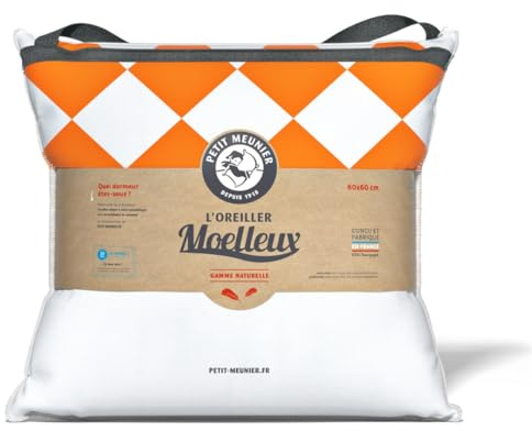 Petit Meunier - Le Moelleux Naturel-Oreiller Moelleux carré 60x60cm-Maintien cervical-10% Duvet 90% Plumettes-Dormir sur Le Dos - Anti Transpirant - Thermorégulateur - Oeko-TEX - Fabriqué en France